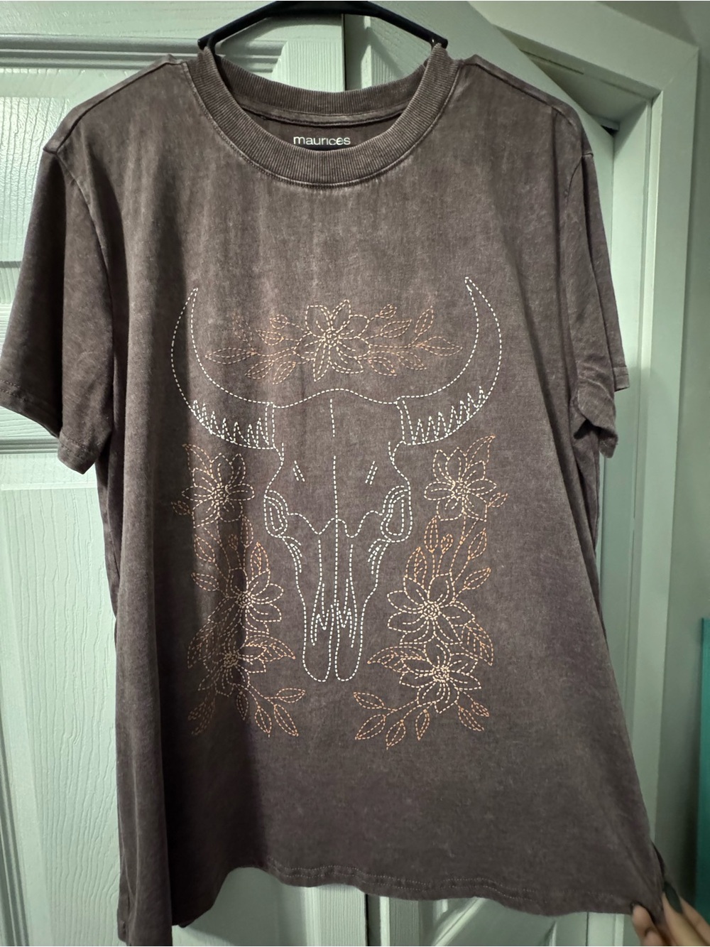 Maurices Brown Distressed Bull Skull Floral Tee